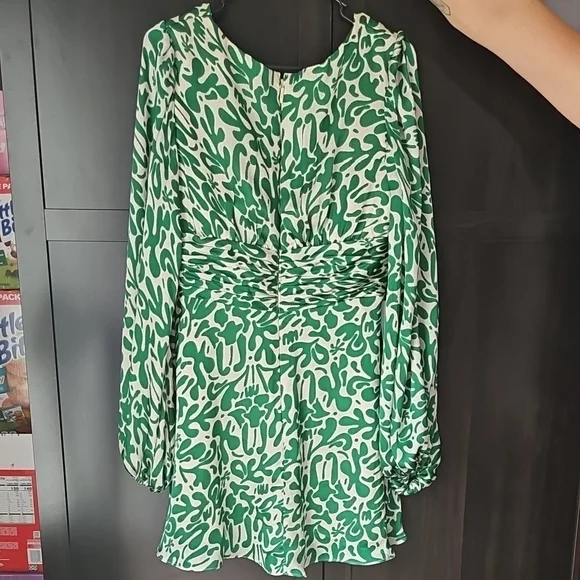 Azazie Green and White Long Sleeve Dress - Picture 2 of 4